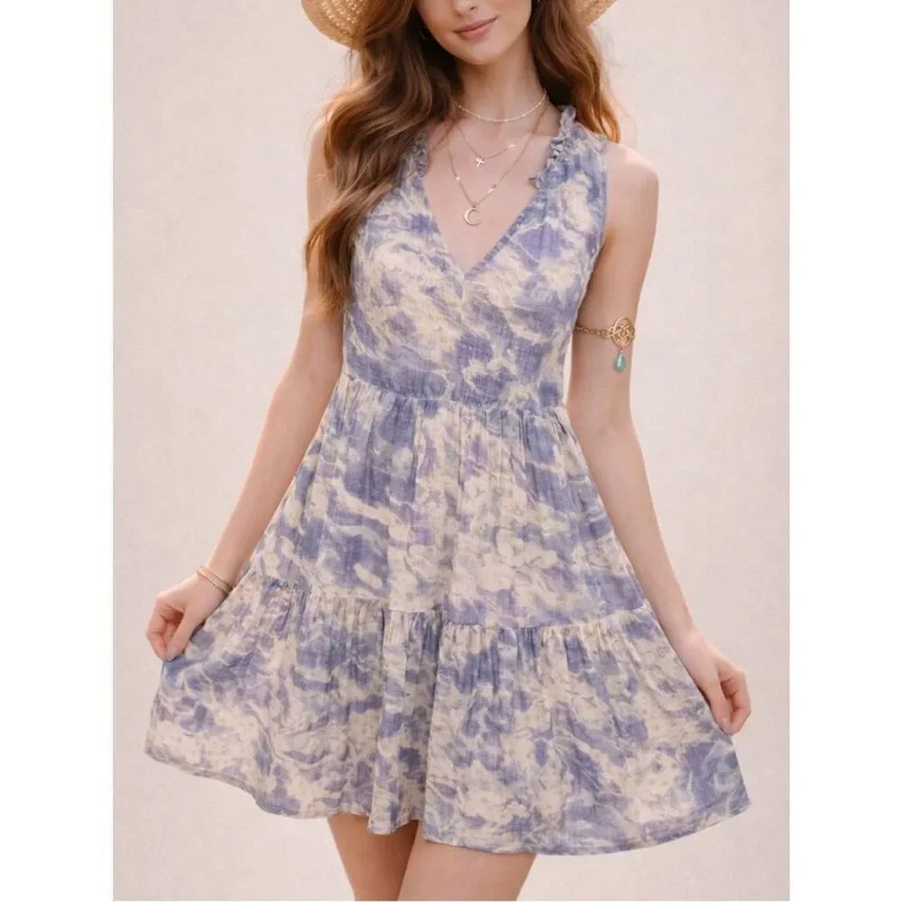 New Wonderly Blue /White Sleeveless Baby Doll Tiered Mini Women's Dress Sz. L